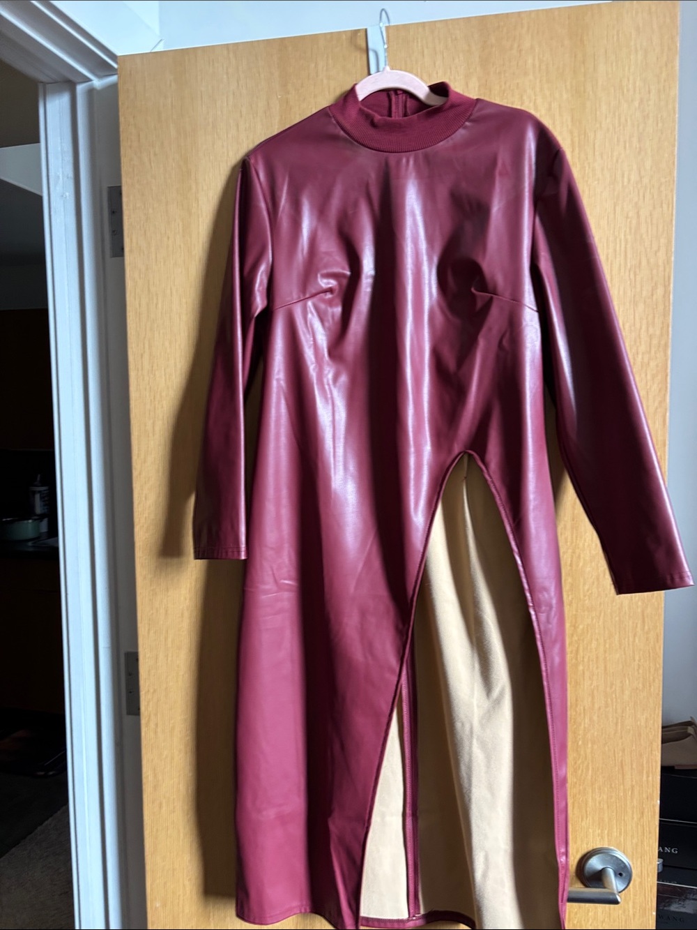 Faux Leather Longline Dress in Wine Red